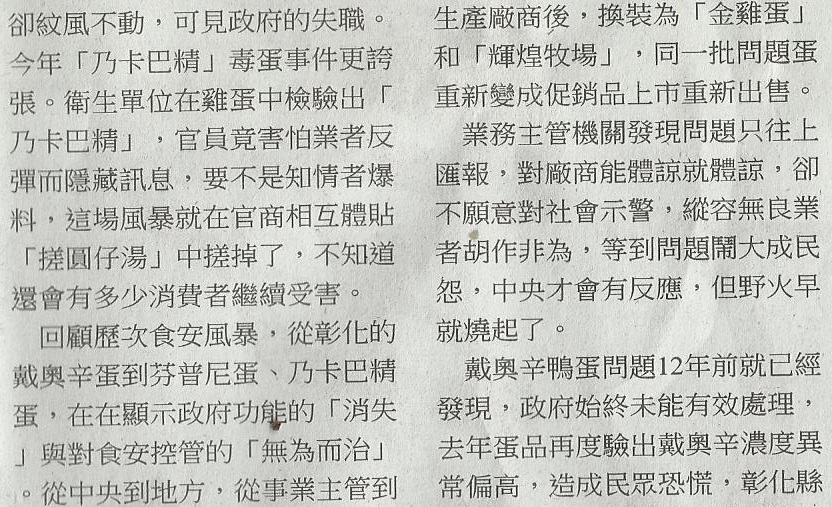 台灣食安問題一再。去年戴奧辛、芬普尼毒蛋事件，現在「乃卡巴精」禁藥殘留事件。