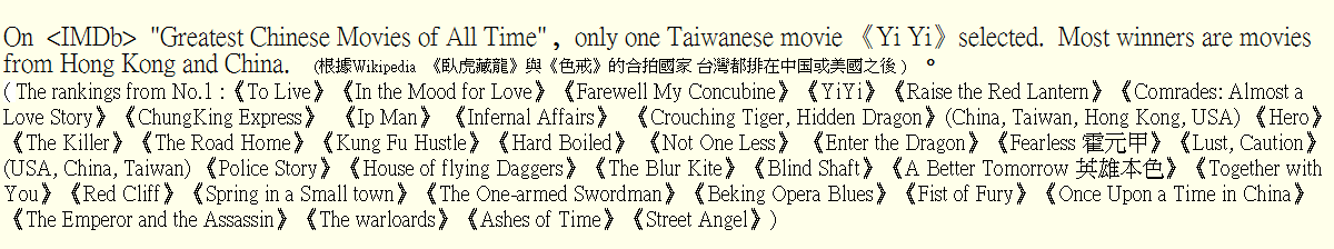  <IMDb>  "Greatest Chinese Movies of All Time" ,  only one Taiwanese movie mYi Yinselected.  Most winners are movies from Hong Kong and China.  