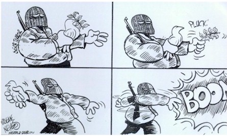 Irish cartoon, dove shape bomb