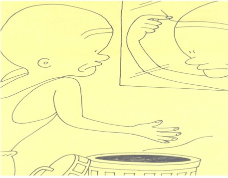 Korean cartoon, elder man in toilet